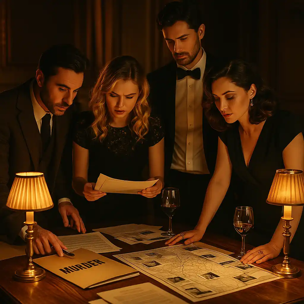 Gruppo di persone attorno a tavolo investigativo in atmosfera misteriosa