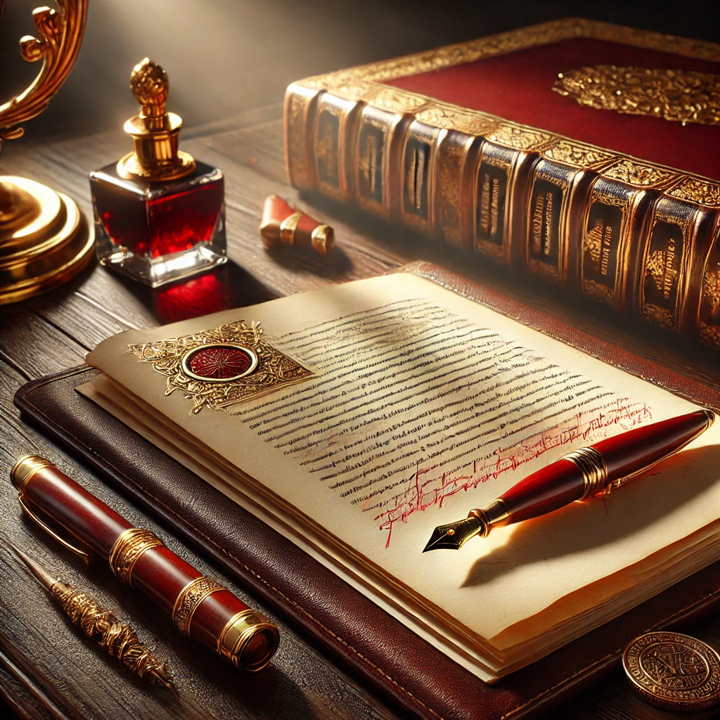 Libro con correzioni, lente d’ingrandimento e occhiali su scrivania ordinata