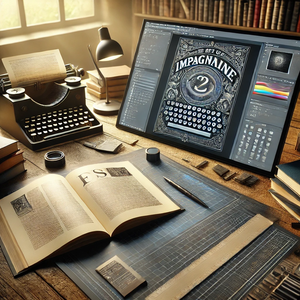 Libro aperto accanto a layout digitale su schermo in ambiente creativo
