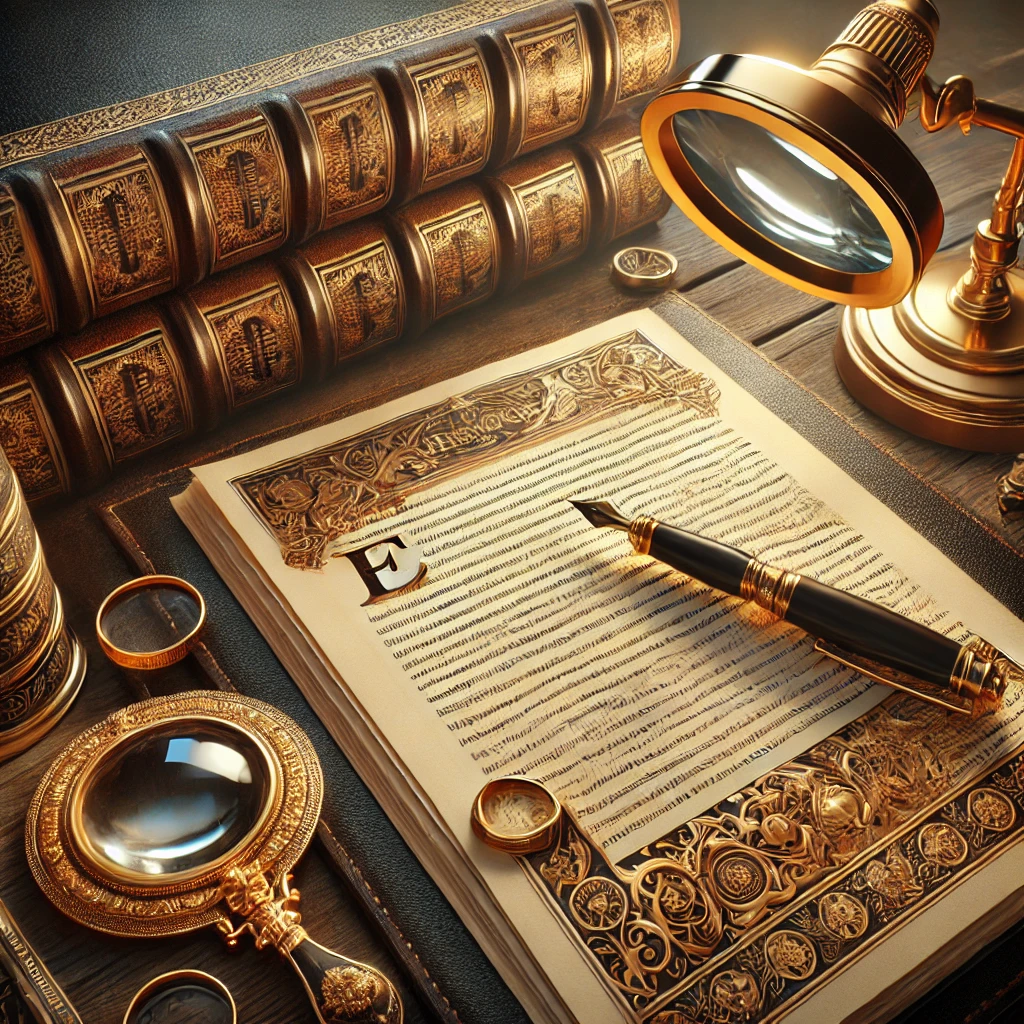 Pagine corrette con lente dorata e libri rilegati in pelle in contesto elegante